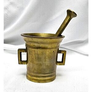 Vintage Danish Apothecary Brass Mortar With Double Handles And Pestle
